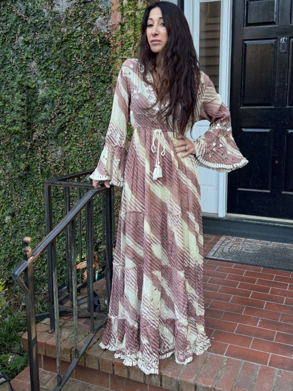 ShopEvelynne Pink and Cream Boho Maxi Dress with Tassel Tie